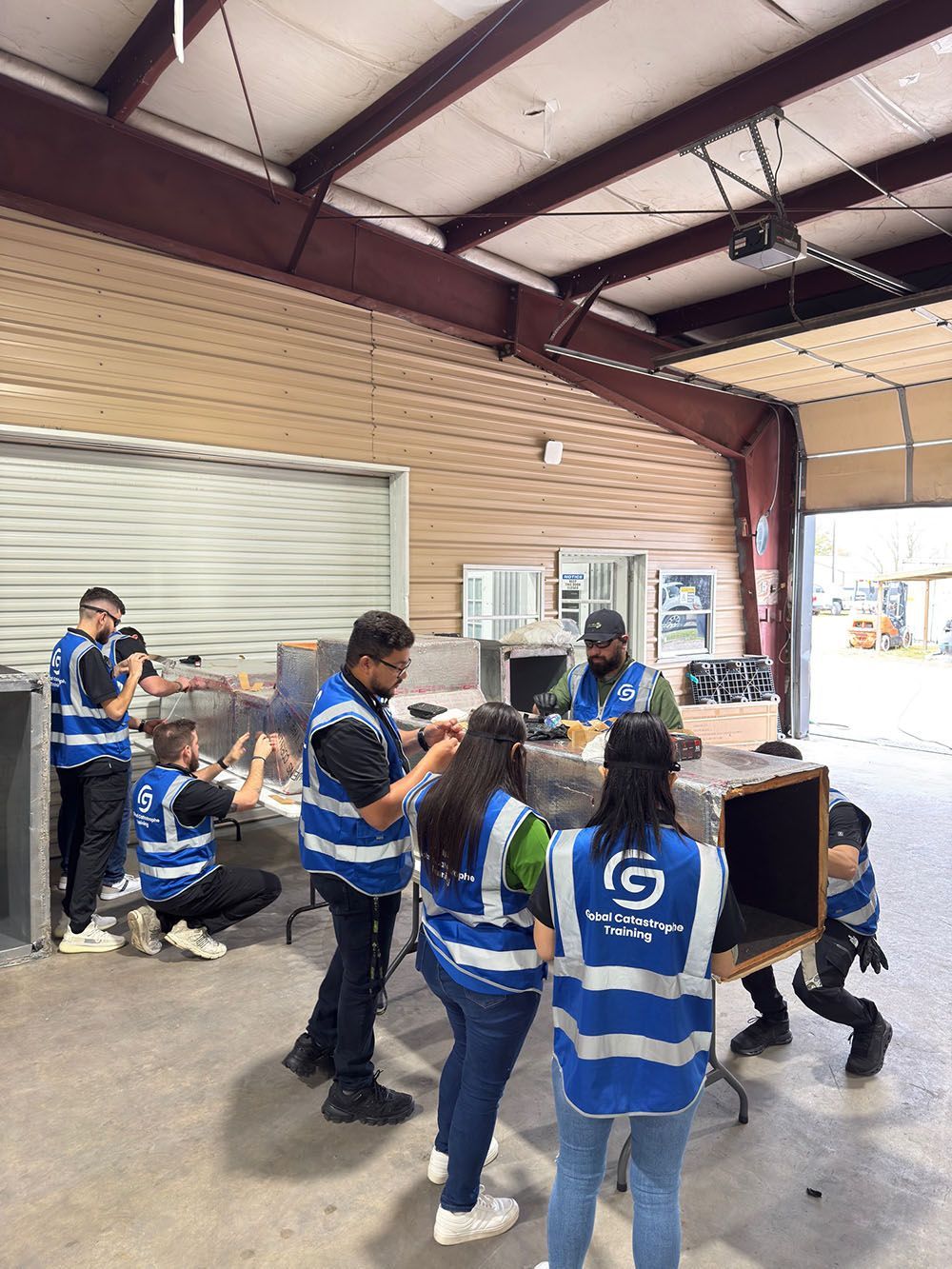 People in blue safety vests move a large wooden crate inside a warehouse.