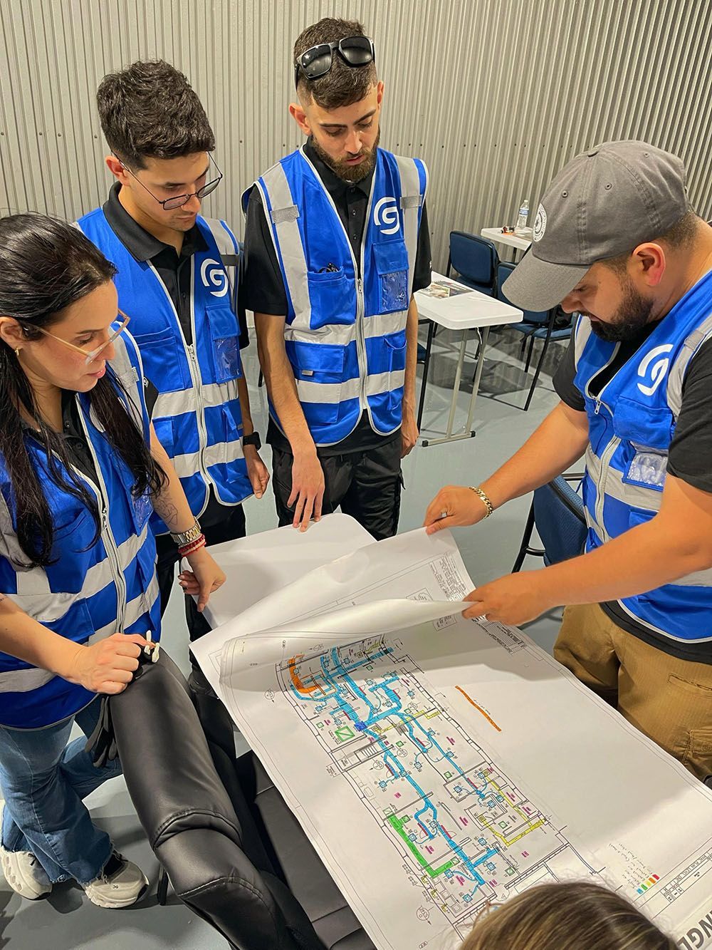 Four workers in blue safety vests review a large map spread on a table at a worksite