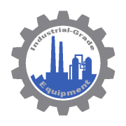 A gray gear icon framing a blue silhouette of industrial factory buildings, with the text 