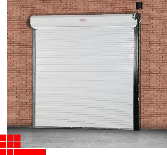Closed white roll-up garage door set in a red brick wall