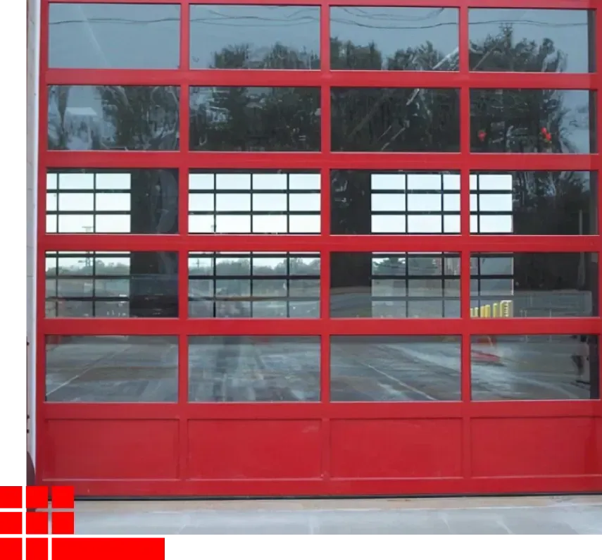 Red garage door with glass panels reflecting the outdoors