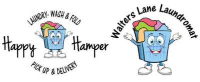 Two logos: Blue laundry basket cartoon with laundry; 