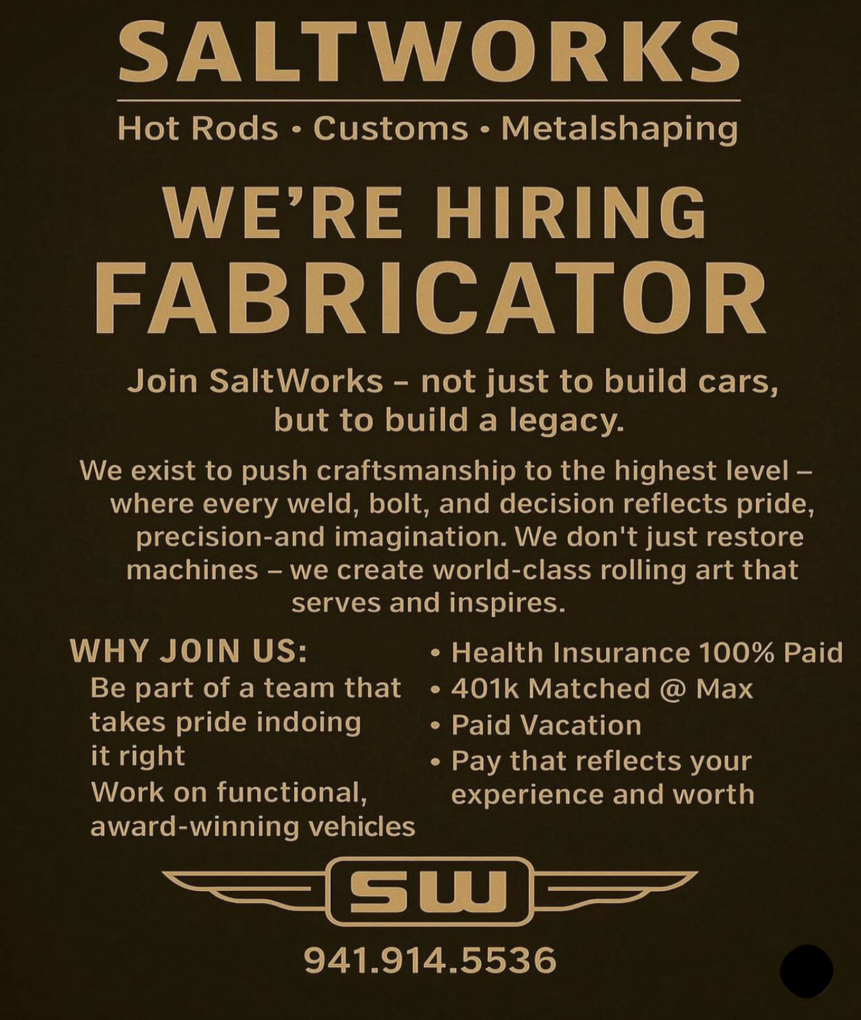 Employment ad for SaltWorks, hiring a fabricator. Lists benefits and contact info in dark gold and black.