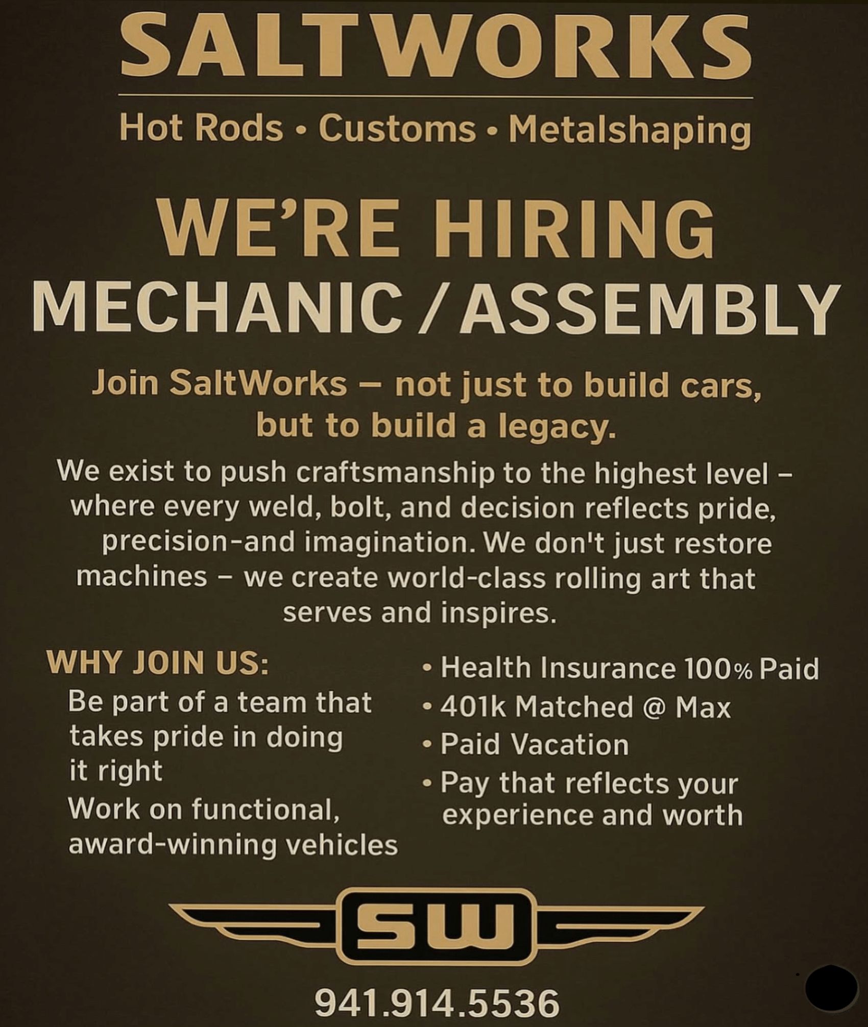Help wanted ad: SaltWorks seeks mechanic/assembly. Offers: paid benefits, retirement, and vacation.