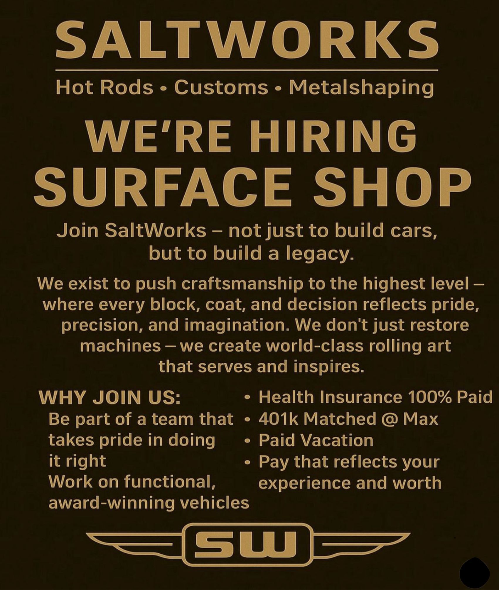 Help wanted ad for SaltWorks Surface Shop: hiring, health insurance, 401k, paid vacation.