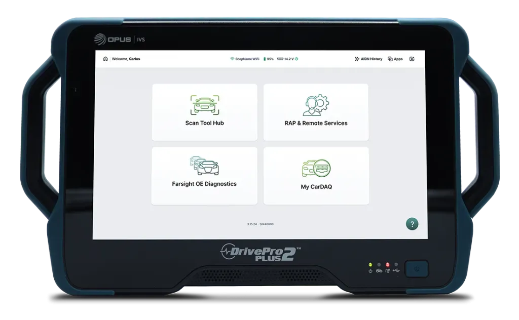 A blue and black diagnostic tablet displaying a menu with four icons.