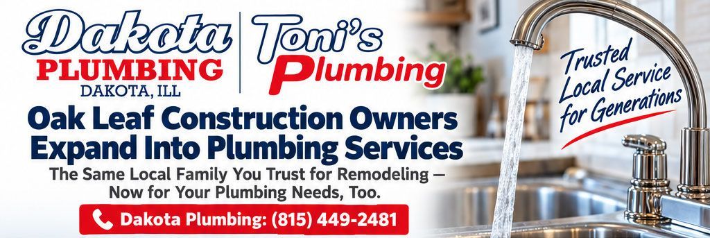 Dakota Plumbing ad for plumbing services, with logo and white truck on blue background
