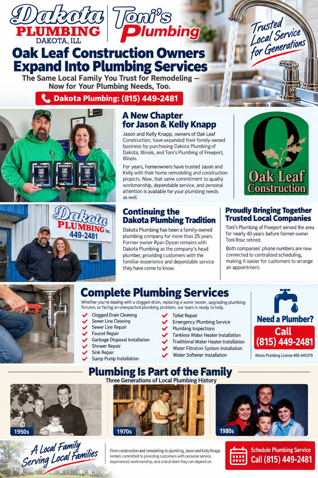Red and black plumbing service ad with company logo, team photos, service list, and contact information