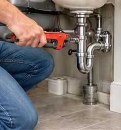 Plumber using a red power tool to work on under-sink drain pipes in a kitchen.