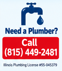Blue faucet logo with “Need a Plumber? Call (815) 449-2481” and Illinois Plumbing License #55-045379