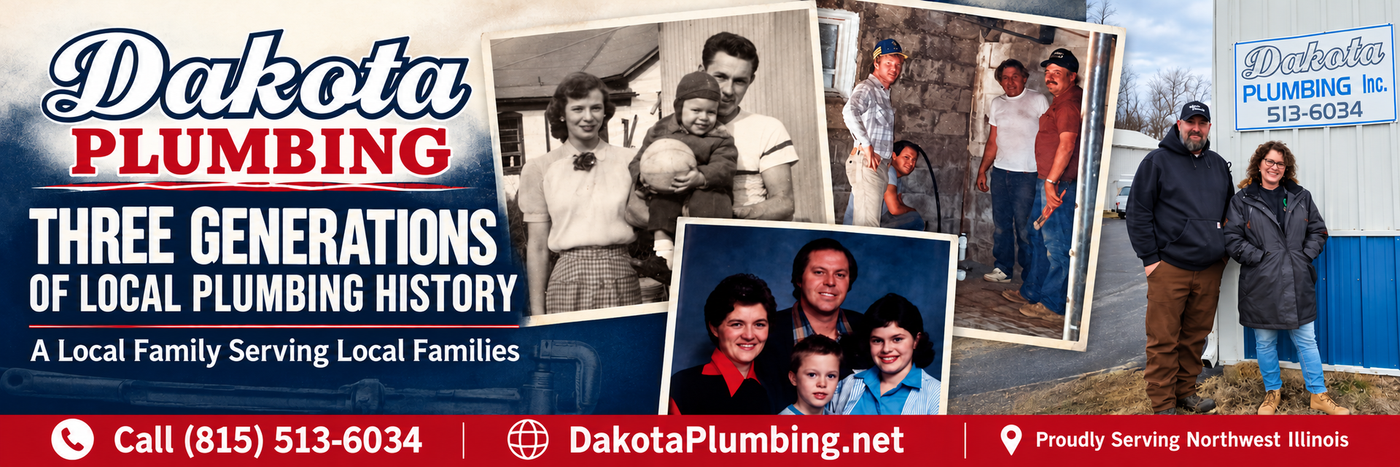 Dakota Plumbing ad with logo, team photos, and contact info on a red background