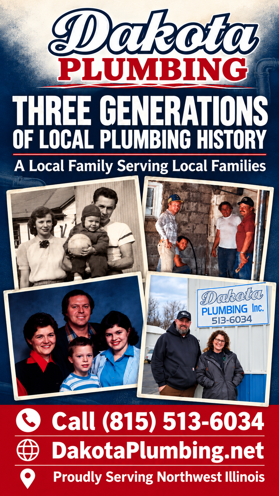 Dakota Plumbing ad with family photos, blue and red branding, and phone number 815-513-6034