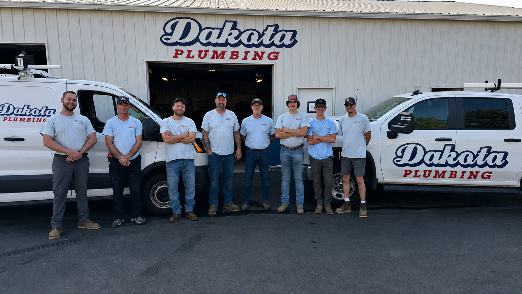 Dakota Plumbing team standing outside service vans in front of office building