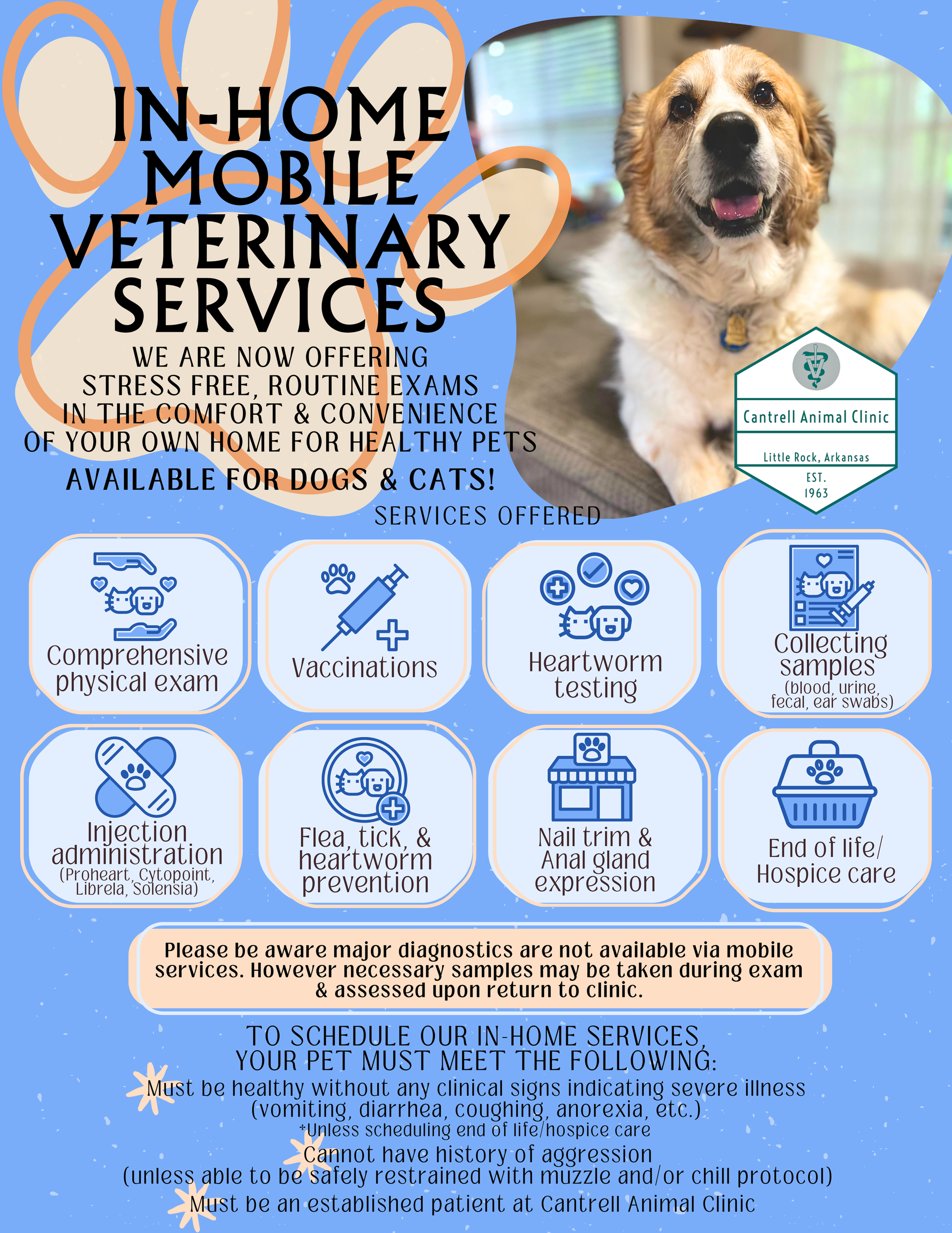 A flyer for in-home mobile veterinary services with a dog on it.