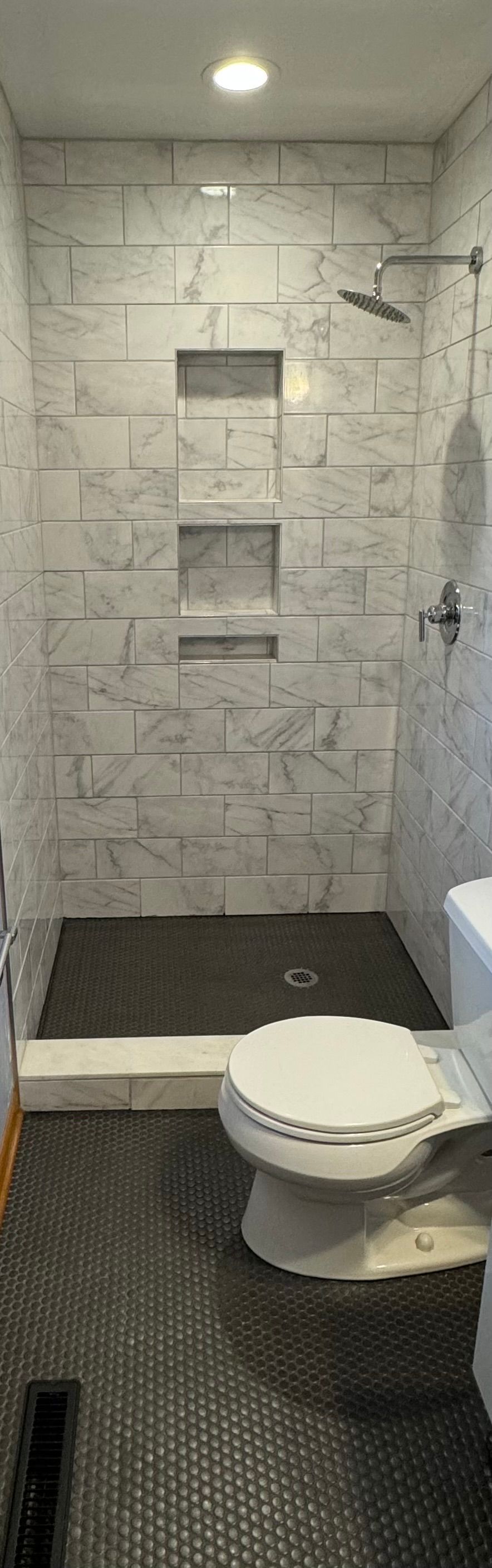 A bathroom with a toilet and a walk in shower