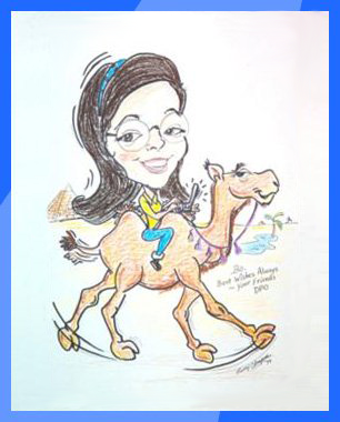 Caricature of lady on a camel