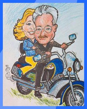 Caricature of couple riding motocycle