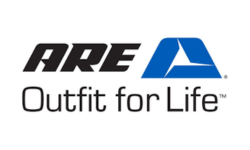ARE brand logo with black text and blue triangular graphic. 