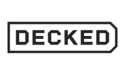 DECKED logo: Black text in a rectangle with a right-facing arrow-shaped end.