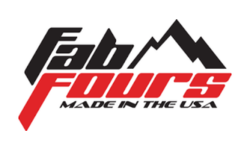 Fab Fours logo with black and red text and a mountain graphic. Text reads “Fab Fours, Made in the USA.”