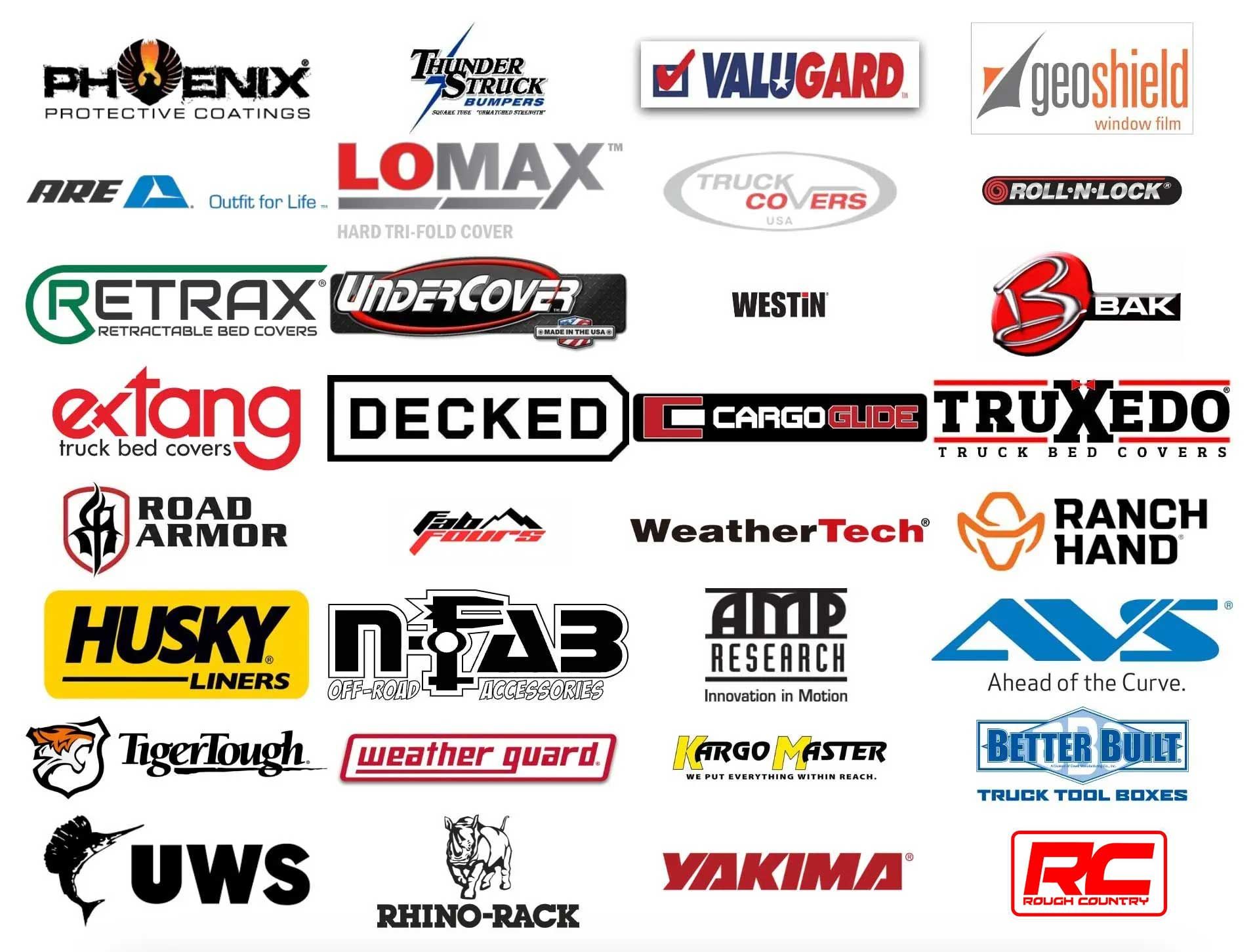Logos of various truck accessories brands.