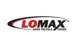 Lomax logo: Red and black text inside a curved black and red shape. 