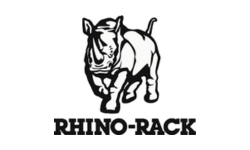 Black and white Rhino-Rack logo. A rhino walks forward above the brand name.