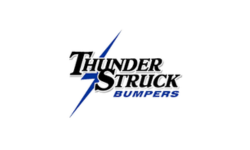 Logo for Thunder Struck Bumpers, featuring text in black and blue with a lightning bolt graphic.