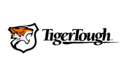 Logo for TigerTough: Shield with a tiger head, orange and black, next to the words 