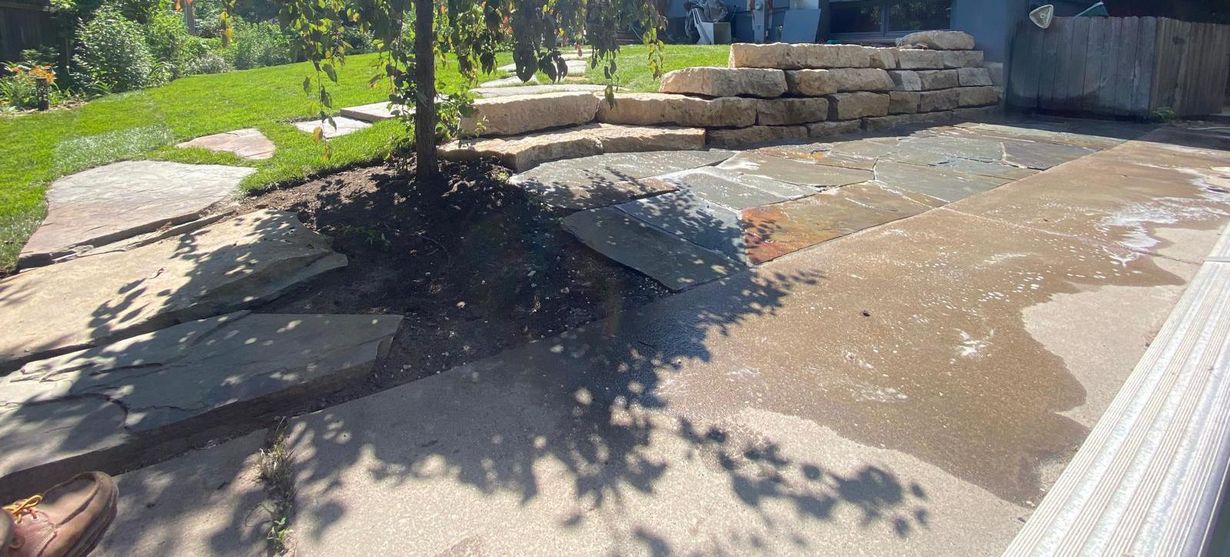A tree is casting a shadow on a concrete patio.