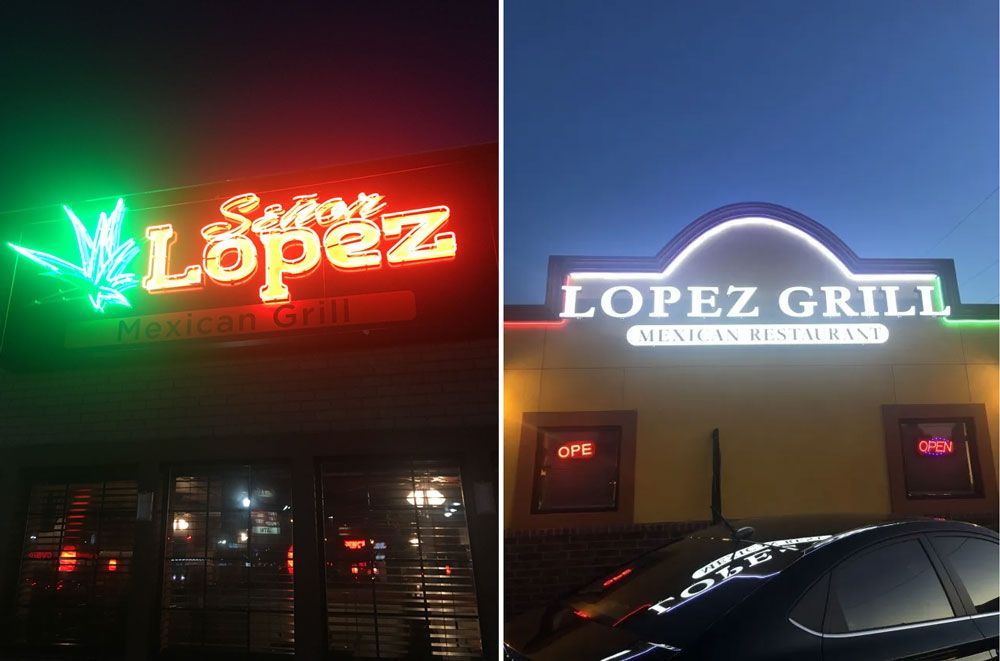 A neon sign for lopez grill is lit up at night