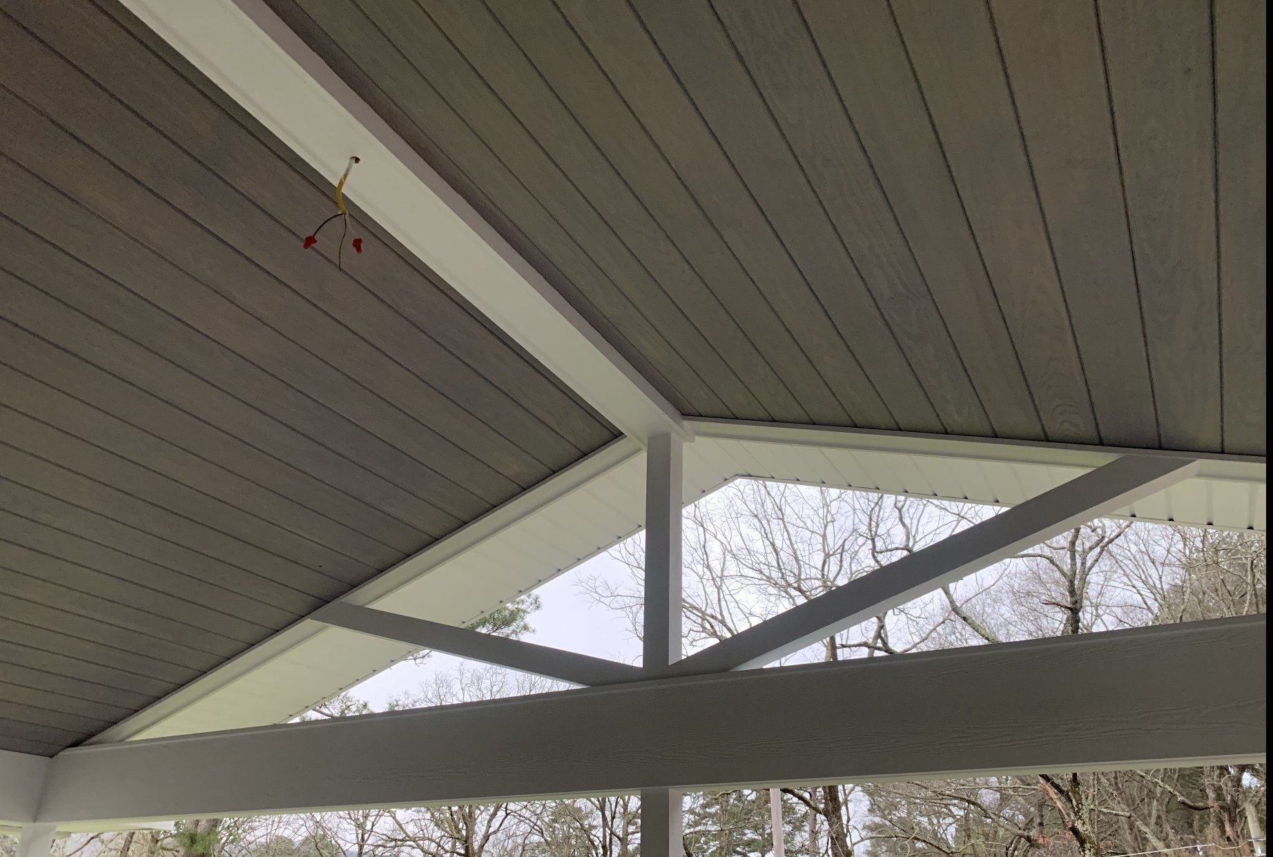 The ceiling of a porch with trees in the background