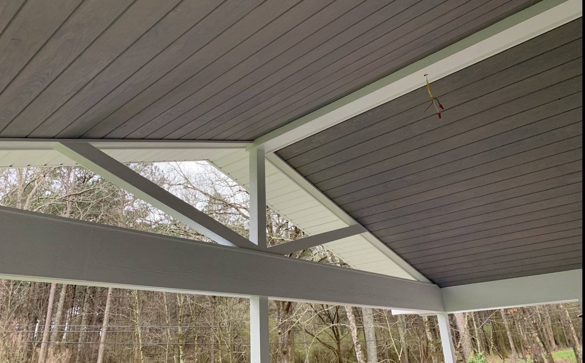 The ceiling of a pavilion with trees in the background.