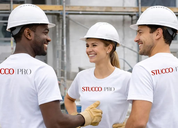 Three construction workers in white hard hats and shirts with 