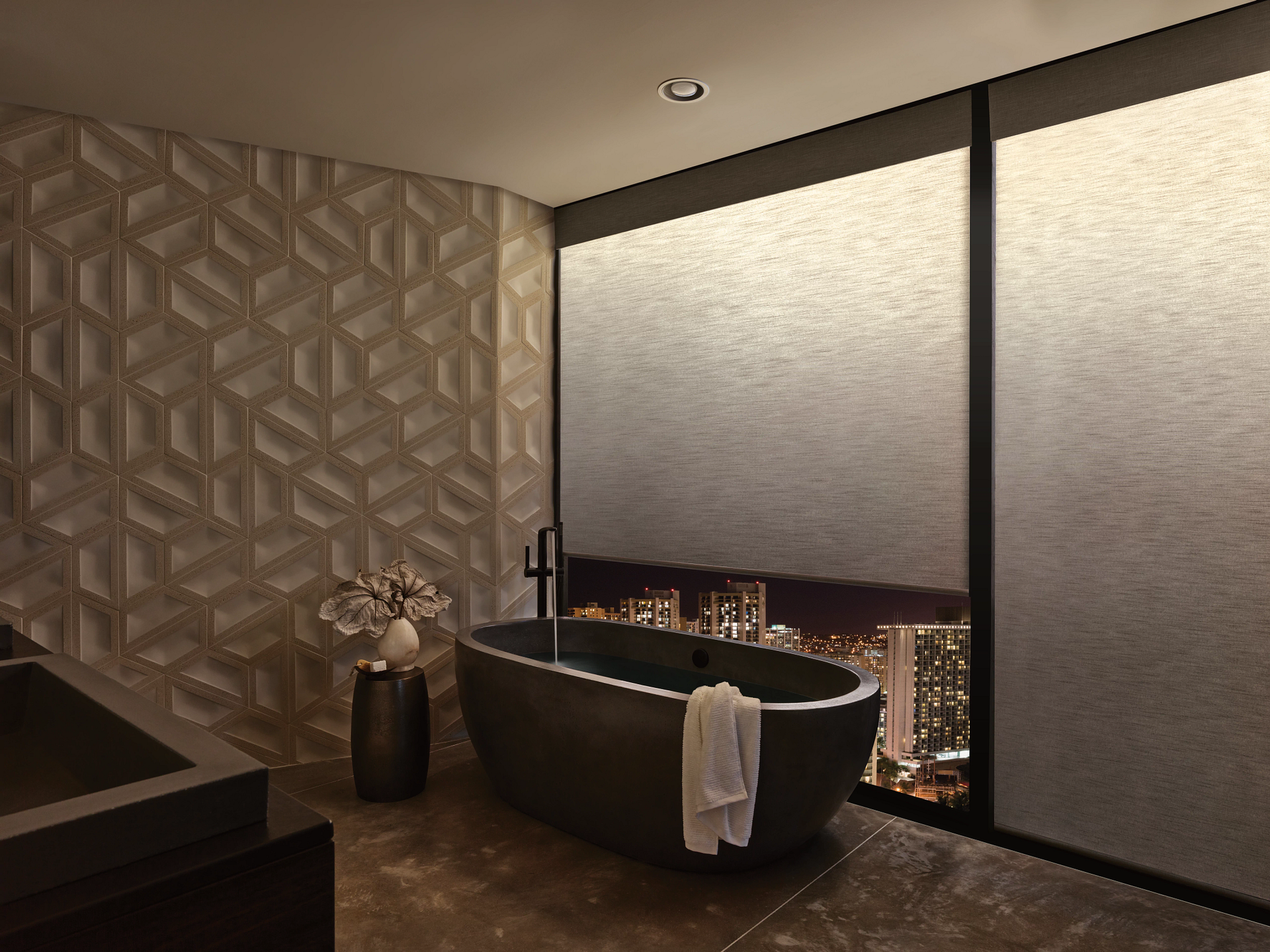 A bathroom with a bathtub and a large window