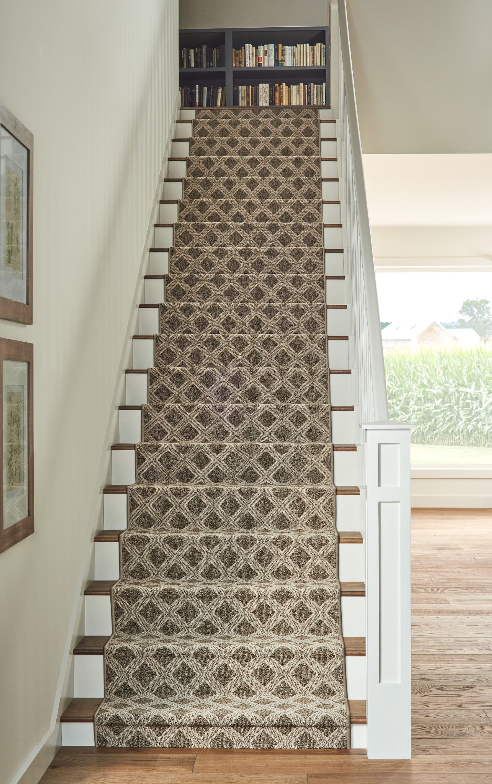 Staircase covered with patterned carpet, leading to built-in bookshelves at the top in a bright home interior