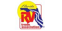 Logo for the Florida RV Trade Association featuring a yellow sun, blue map of Florida, and red stylized text.