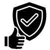 A black icon featuring a shield with a checkmark symbol next to a thumbs-up gesture.