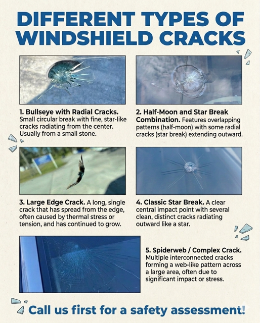 Infographic titled “Different Types of Windshield Cracks” with five labeled crack diagrams and a safety note.