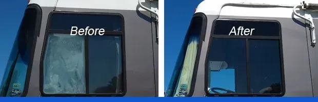 A side-by-side comparison of a vehicle window showing a foggy, damaged glass before repair and clear glass after repair.