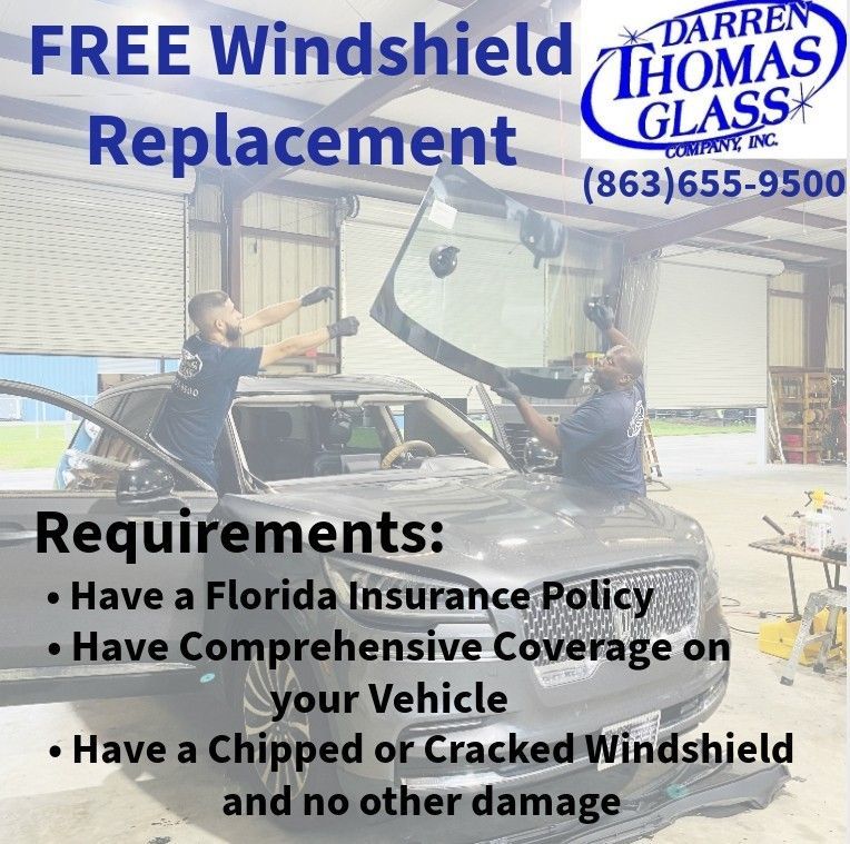 Free windshield replacement ad for Darren Thomas Glass with repair shop scene and insurance requirements.