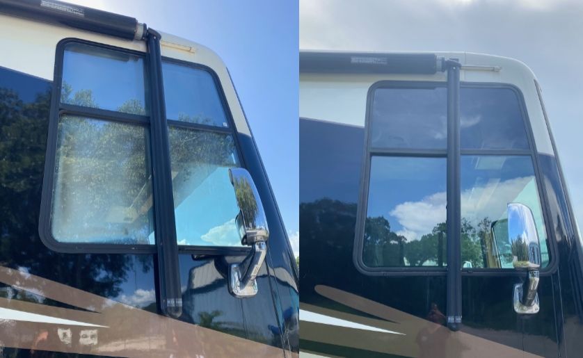Side-by-side view of an RV windshield before and after repair, showing cracked glass replaced with a clear pane