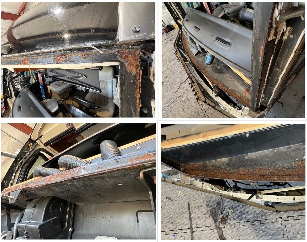 Collage of rusted metal beams and corroded joints on an industrial structure, showing severe wear and damage