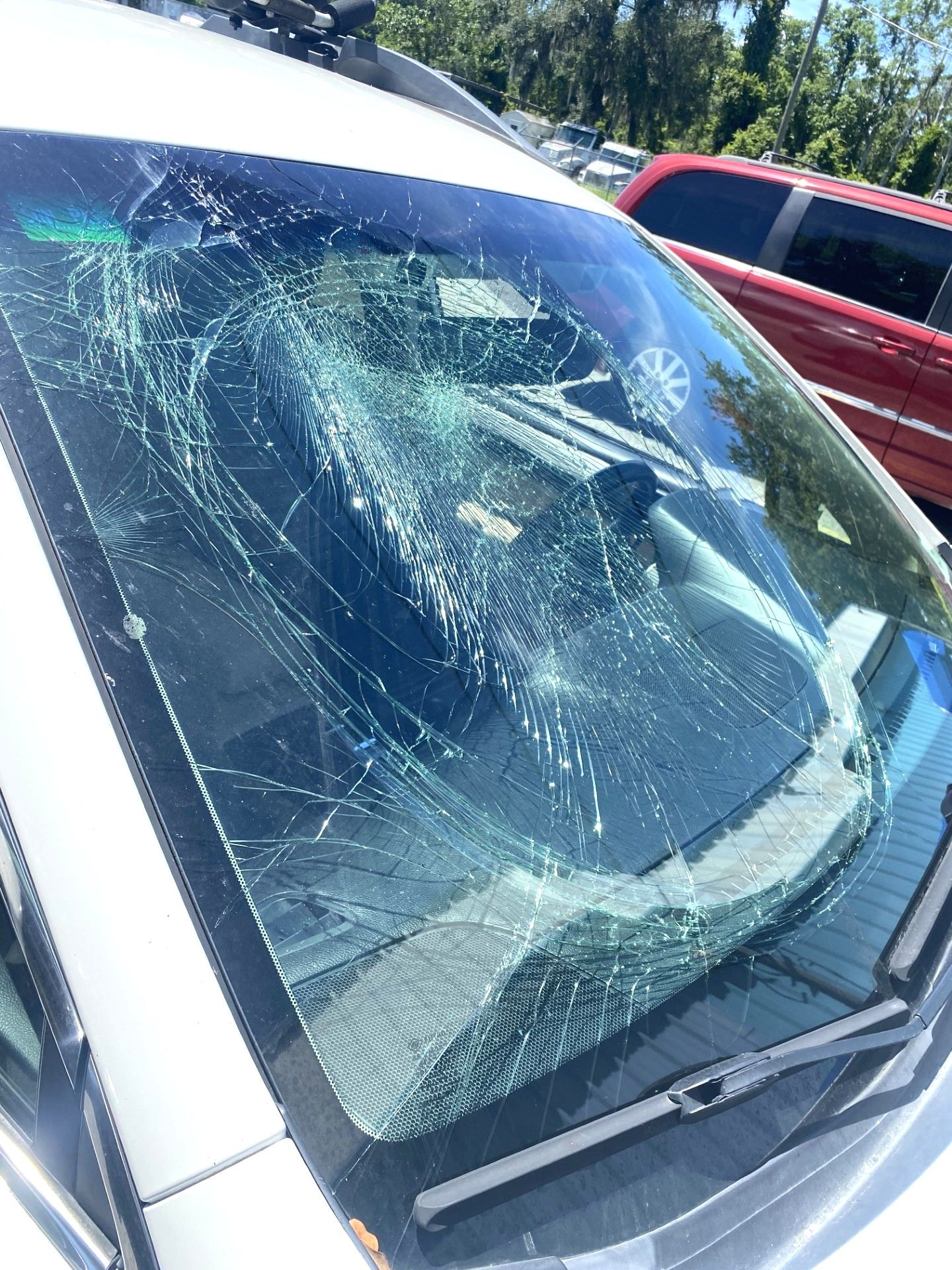 Car windshield shattered with spiderweb cracks, parked outdoors in bright sunlight.