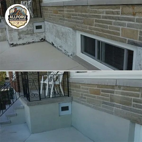 Before-and-after of a home's foundation. The top shows peeling paint; the bottom shows a repainted foundation.