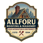 Logo for Allforu Roofing & Masonry: a house with a cityscape background and tools.