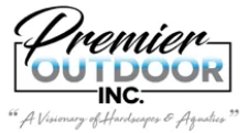 Premier Outdoor Inc. logo with stylized "Outdoor" text and the tagline, "A Visionary of Hardscapes & Aquatics."