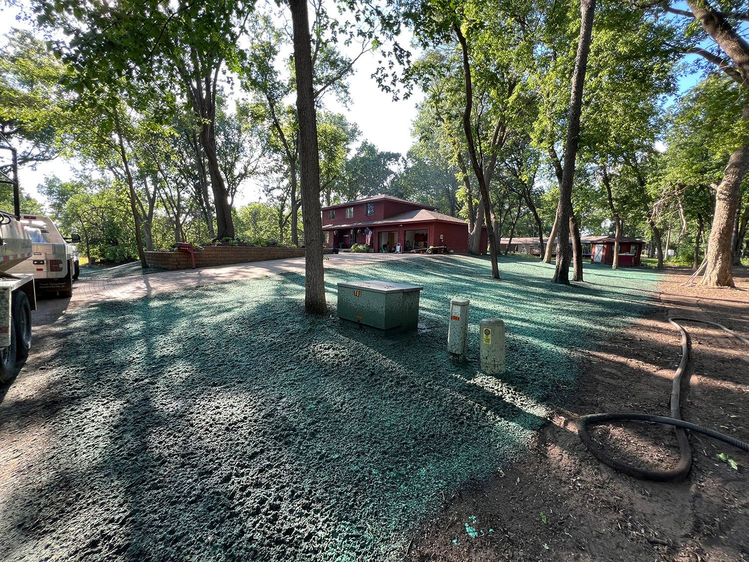 A large house is sitting in the middle of a lush green fores