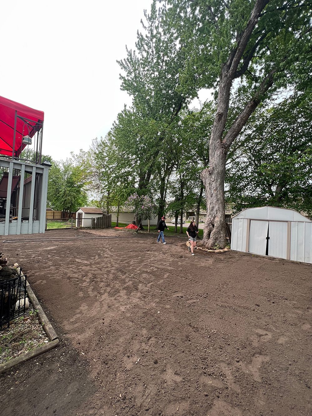 A man is standing in a dirt yard next to a tree