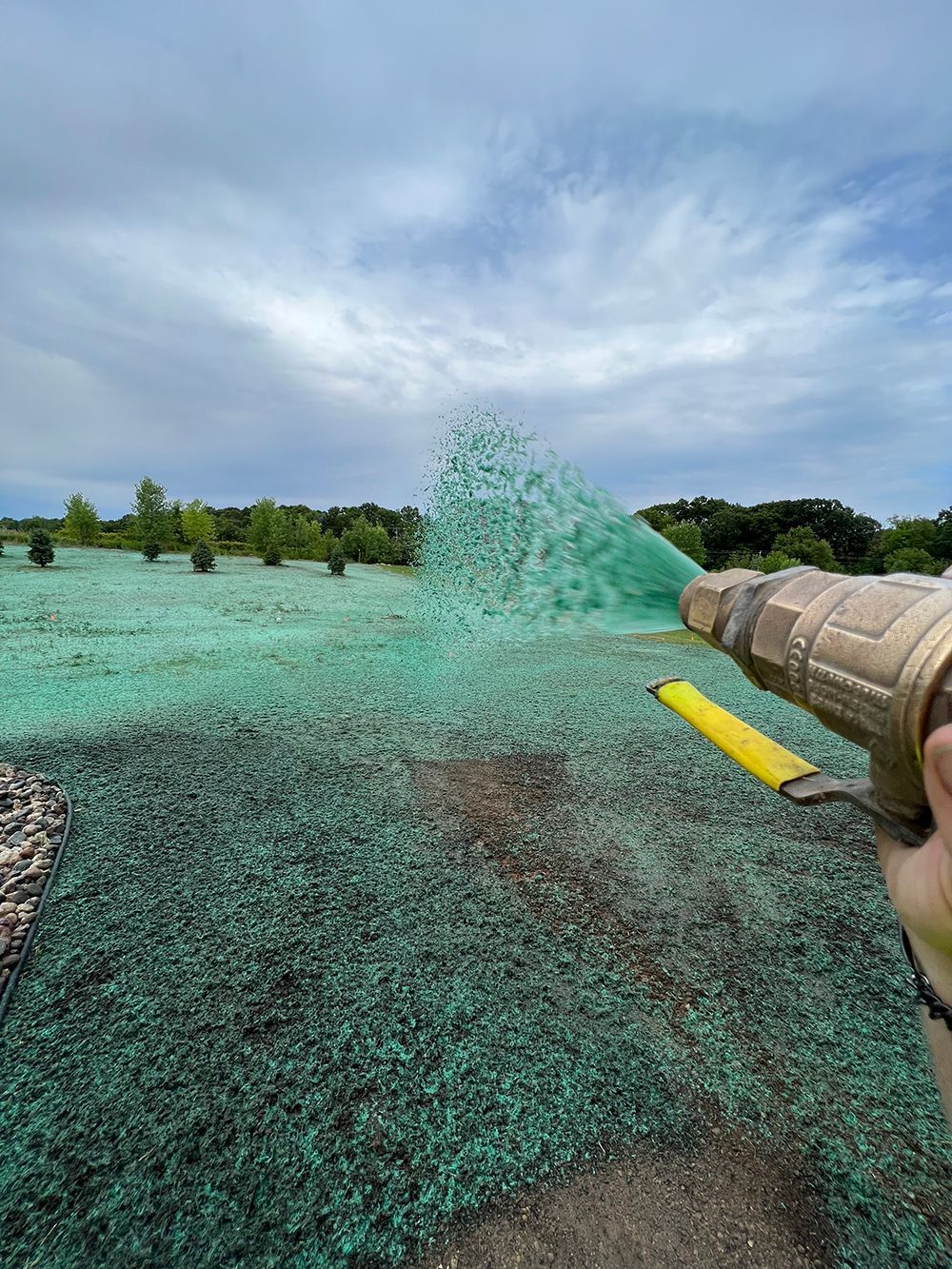 A person is spraying a field with a hose